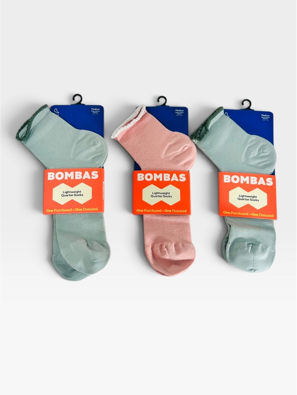 Bombas Lightweight Quarter Socks Scallop Trim Lot of 3 Pink Green Medium 8-10.5